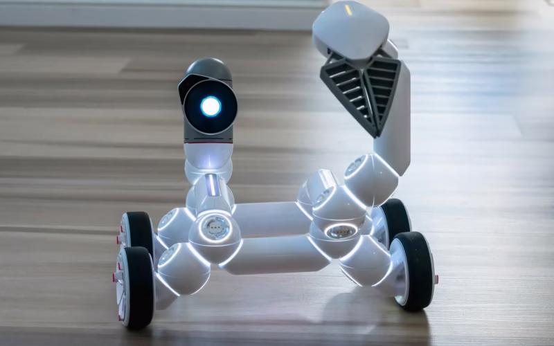 Close-up of a wheeled robot toy with a spotlight in an indoor setting, showcasing modern technology.