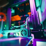 A close-up of a 3D printer in a neon-lit workshop, capturing technology and creativity.