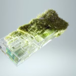 3D render of a glass structure with embedded greenery, symbolizing sustainable technology integration.