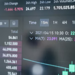 Close-up of a cryptocurrency trading screen displaying real-time data, graphs, and analytics.
