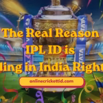 Online Cricket ID banner featuring IPL trophy in a stadium with fireworks and crowd, highlighting why IPL ID is trending in India right now with promotional branding.