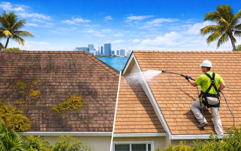 Roof cleaning services in Miami before and after view
